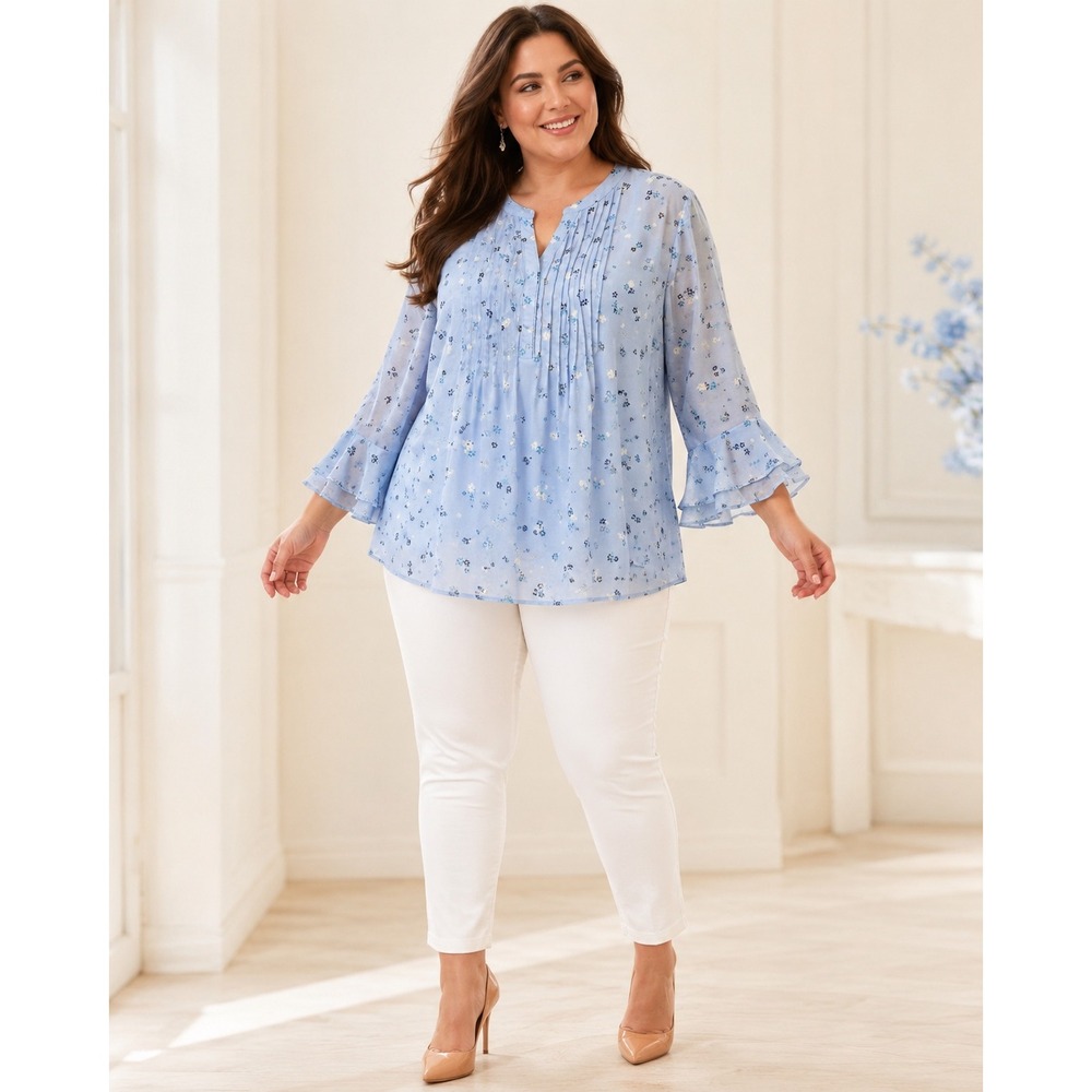 Charter Club XL Blue Floral Pintuck Bell Sleeve Tunic Blouse Boho Cottagecore